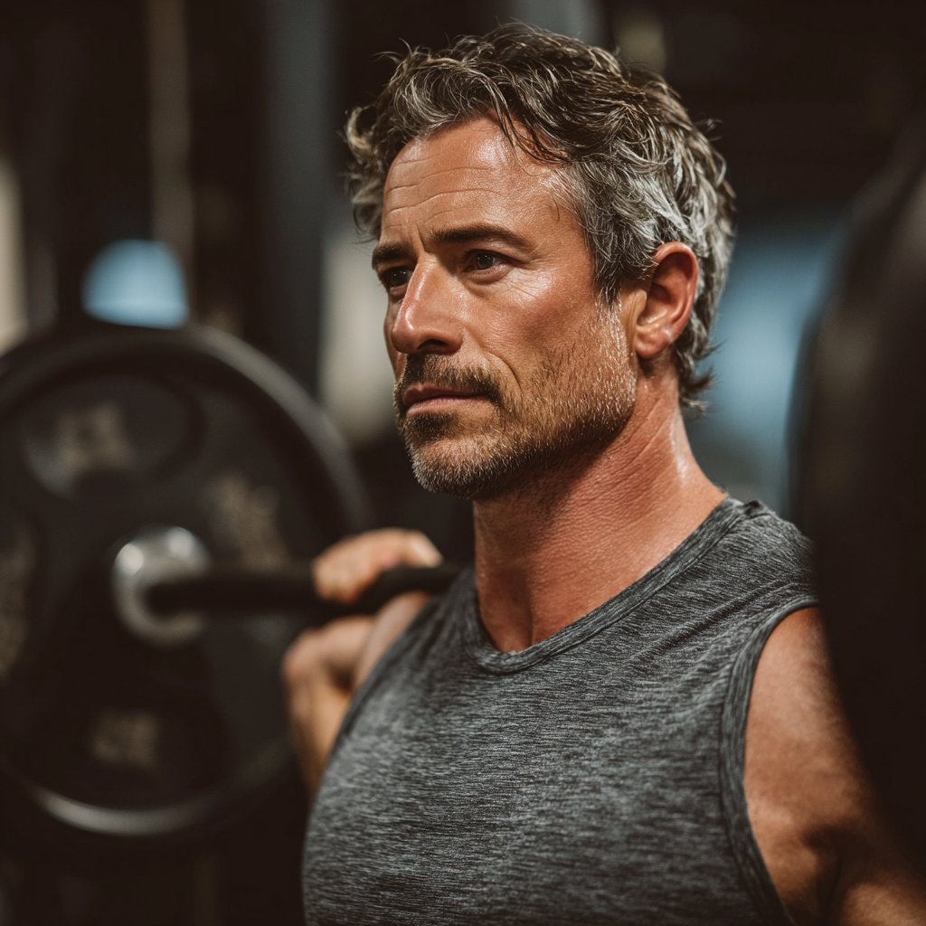 Active man in his late 40s demonstrating proper form during strength training exercise in well-equipped fitness facility, focused expression showing dedication to healthy lifestyle