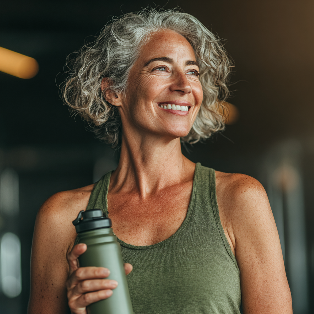 Mature woman in her 50s smiling confidently while holding water bottle in modern gym setting, wearing green workout attire, demonstrating active healthy lifestyle